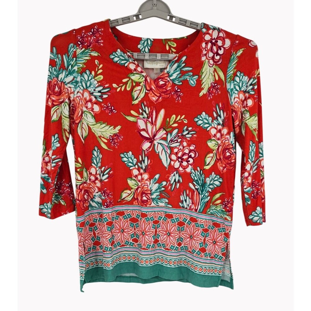 Pappagallo Medium Floral 3/4 Sleeve Top V-Neck Lightweight Casual Blouse Orange